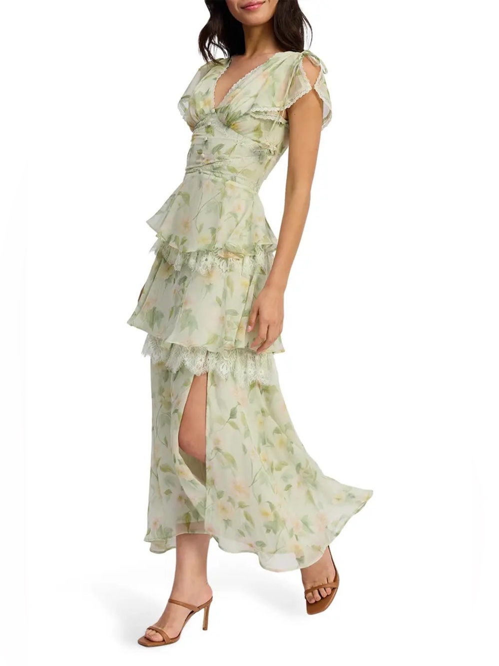 En Saison Mint Floral Tiered Maxi Dress with Lace Trim